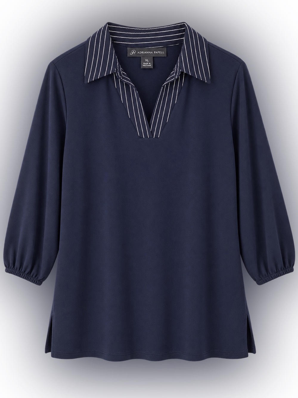 Adrianna Papell Navy Pinstripe Collar Stretch Tunic Blouse XL - Picture 3 of 4